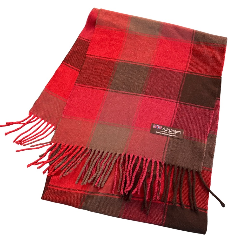 100% Cashmere Plaid Scarf Made‎ in Scotland Red Grey Maroon Luxury Warm Fringe